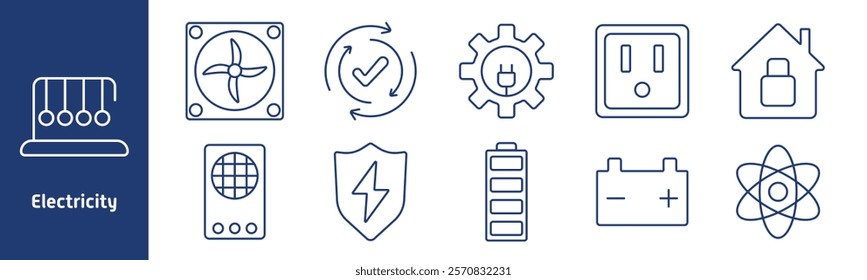 Electricity set icon. Pendulum energy, ventilation, renewable cycle, plug gear, socket, locked house, battery, generator, atom