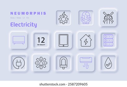 Electricity set icon. Plug, power gear, environmental impact, renewable energy, power grid, home electricity, data center, automation, air conditioning, LED lighting, smart systems, sustainability