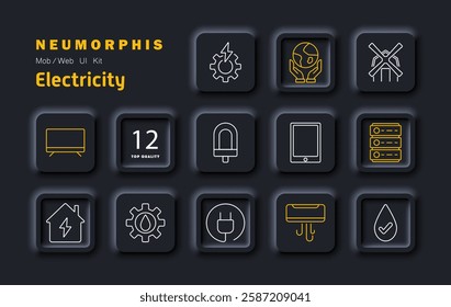 Electricity set icon. Power generation, renewable energy, electrical safety, infrastructure, appliances, data storage, home power, sustainability, technology, automation.