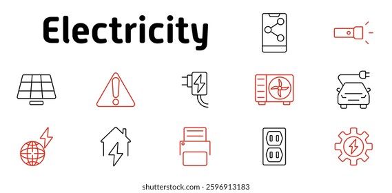 Electricity set icon. Power generation, renewable sources, charging, safety warnings, voltage, electrical grids, automation, connectivity, home energy systems