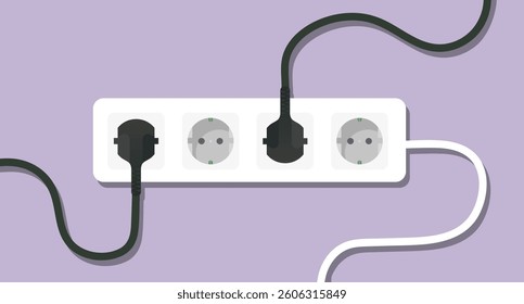 Electricity set icon. Power strip with multiple black plugs connected symbolizes energy use, overload, home electricity, electronic devices, network, and utility management.
