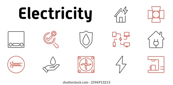 Electricity set icon. Power supply, smart home, energy efficiency, security, network, renewable sources, air circulation, lightning, automation, control, digital connectivity