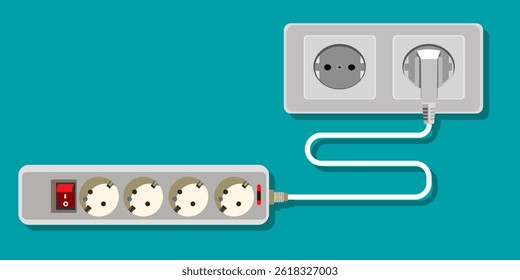 Electricity set icon. Wall socket and extension cord symbolize power usage, home electricity, energy management, safety, and indoor utility setup.