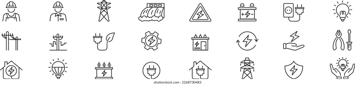 Electricity set of icons. Vector icons in flat linear.