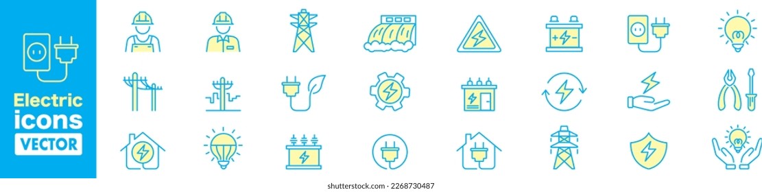 Conjunto de íconos de electricidad. Iconos vectores en línea plana.