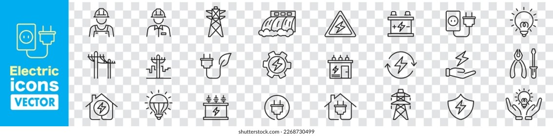 Electricity set of icons. Vector icons in flat linear.