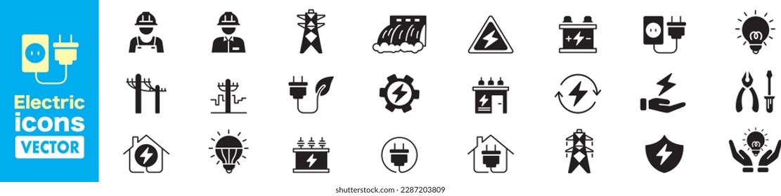 Electricity set of icons. Vector icons in flat linear.