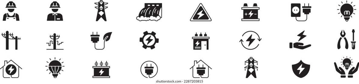 Electricity set of icons. Vector icons in flat linear.