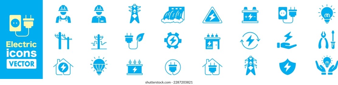 Conjunto de íconos de electricidad. Iconos vectores en línea plana.