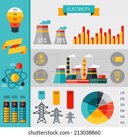 Electricity Set Of Industry Power Infographic In Flat Style.