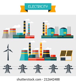 Electricity set of industry power plants in flat design style.