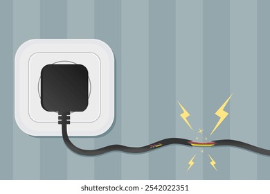 Curto-circuito elétrico. Cabo danificado conectado à tomada de parede. Ilustração vetorial.