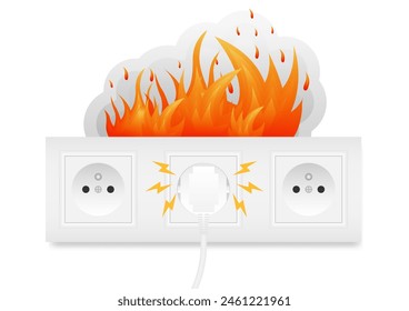 Electricity Short Circuit. Electric Shock. Broken Electric Socket with Fire and Spark. Vector Illustration. 