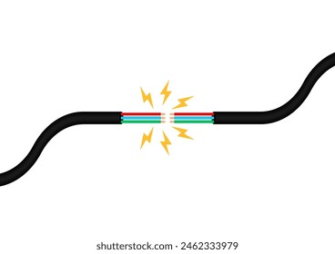 Elektrizitätskurzschluss. Elektroschock. Netzkabel. Gebrochene elektrische Kabel. Beschädigtes elektrisches Kabel. Vektorillustration. 