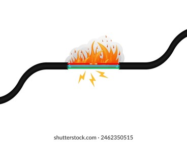 Electricity Short Circuit. Electric Shock. Power Cable. Broken Electric Wires with Fire and Spark. Damaged Electric Cable. Vector Illustration. 