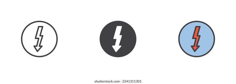 Electricity sign different style icon set. Line, glyph and filled outline colorful version, outline and filled vector sign. High voltage symbol, logo illustration. Vector graphics