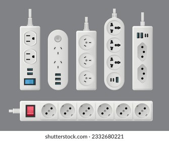 Electricity socket. Ac equipment electro plug with different connection types decent vector realistic template