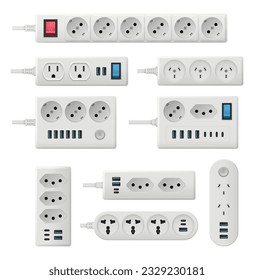 Electricity socket. Extension cords with electro plugs decent vector realistic pictures set