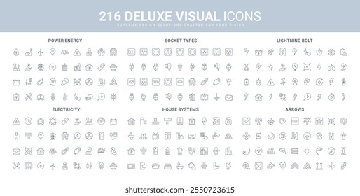 Electricity, socket and plug types, smart system line icon set. Lightning bolt signs of electric power, energy and warning, download and motion arrow thin black outline symbols vector illustration