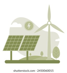 Electricity from solar panels and widmills. Eco green energy. Save the earth concept
