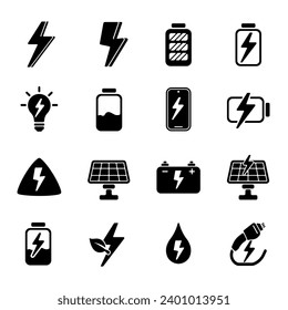 Electricity Solid Icons Set, Battery Power Energy Symbol Vector Sign.