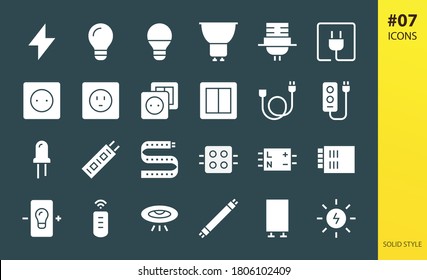 Electricity solid icons set. Set of lightning bolt, idea light bulb, gu10 lamp, lamp holder, plug, outlet, electric switch, extension cable, power strip, diode, led driver, solar energy glyphs icon