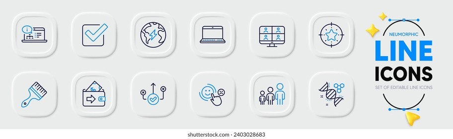 Iconos de la línea de documentación en línea y de destino de Star para aplicaciones web. Paquete de videoconferencia, satisfacción del cliente, íconos de pictograma de la forma correcta. Jerarquía empresarial, Pincel, carteras. Vector