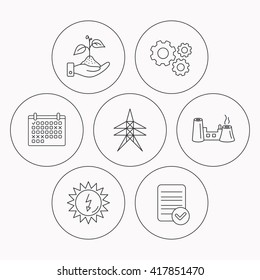Electricity station, factory and solar energy icons. Save nature linear sign. Check file, calendar and cogwheel icons. Vector