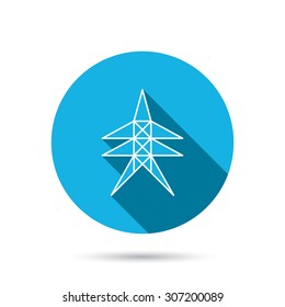 Electricity station icon. Power tower sign. Blue flat circle button with shadow. Vector