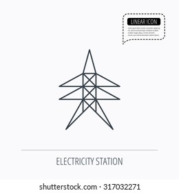 Electricity Station Icon. Power Tower Sign. Linear Outline Icon. Speech Bubble Of Dotted Line. Vector