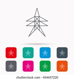 Electricity station icon. Power tower sign. Linear icons in squares on white background. Flat web symbols. Vector