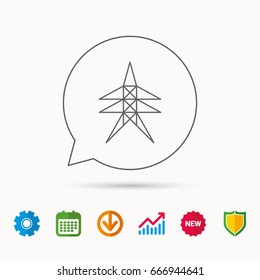 Electricity station icon. Power tower sign. Calendar, Graph chart and Cogwheel signs. Download and Shield web icons. Vector