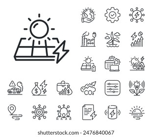 Señal de energía solar eléctrica. Iconos de energía, escape de CO2 y contorno del panel solar. Icono de línea de paneles solares. Símbolo de relámpago. Señal de línea de paneles solares. Icono de energía eólica o eléctrica ecológica. Vector