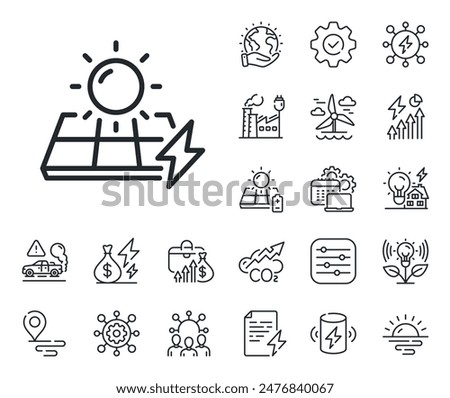Electricity sun energy sign. Energy, Co2 exhaust and solar panel outline icons. Solar panels line icon. Lightning bolt symbol. Solar panels line sign. Eco electric or wind power icon. Vector