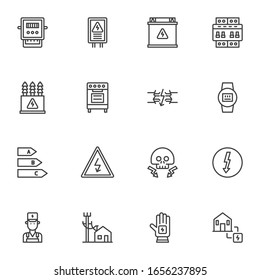 Electricity supplies line icons set. linear style symbols collection, outline signs pack. vector graphics. Set includes icons as electric transformer, high voltage sign, electrician man, energy saving