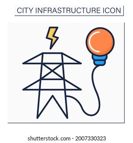 Electricity supply color icon. Utility pole connected to power lines to distribute lower voltage power. Outline drawing. Electric power concept. Isolated vector illustration