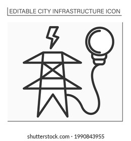 Electricity supply line icon. Utility pole connected to power lines to distribute lower voltage power. Outline drawing. Electric power concept. Isolated vector illustrations. Editable stroke