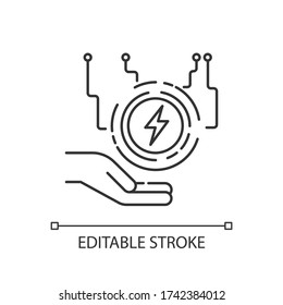 Icono lineal perfecto del píxel de suministro eléctrico. Recurso de energía renovable. Tecnología industrial. Ilustración personalizable de línea delgada. Símbolo de contorno. Dibujo de contorno aislado del vector. Trazo editable