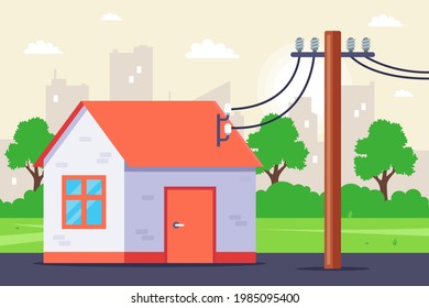 electricity supply to a private house. flat vector illustration.