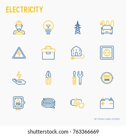 Electricity thin line icons set: electrician, bulb, pylon, toolbox, cable, electric car, hand, solar battery. Vector illustration.