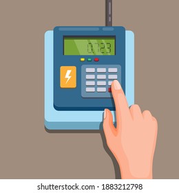 electricity token. hand insert code to top up electricity house concept in cartoon illustration vector
