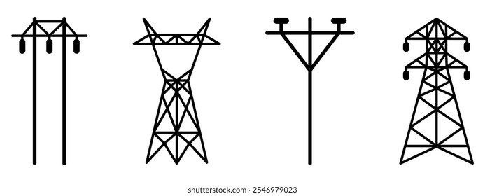 Conjunto de vetores ícone Torre de Eletricidade. Coleção de sinais de ilustração da Torre de Transmissão. Símbolo de linhas de alimentação.