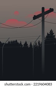 Electricity Transmission Pylon Towers Silhouette With Forest Background Dark Vector Illustration Showing Loneliness, Electricity Crisis And Sunset Depression Feeling Melancholy Sadness Sorrow Evening 