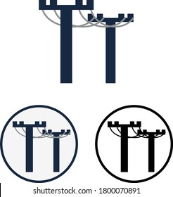Icono de vector simple de transmisión de electricidad o logotipo. Símbolo plano redondo con postes eléctricos y cables