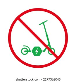 Electricity Transport Red Stop Symbol. No Allowed Push Wheel Bike Sign. Ban Electronic Kick Scooter Black Silhouette Icon. Forbid Electrical Power Kick Scooter Pictogram. Isolated Vector Illustration.