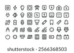 Electricity UI icons set. Set of electric power, led lamp, electrical panel, electricity meter box, wire, cable, cord, plug, battery, energy vector symbols with editable stroke