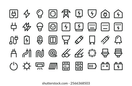 Electricity UI icons set. Set of electric power, led lamp, electrical panel, electricity meter box, wire, cable, cord, plug, battery, energy vector symbols with editable stroke