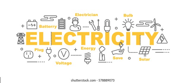 concepto de diseño de banner vectorial de electricidad, estilo plano con iconos de arte delgado sobre fondo blanco
