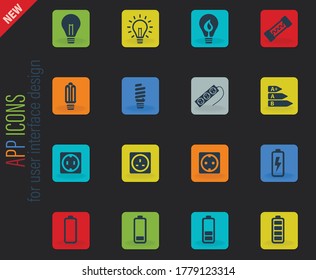 Electricity vector color web icons on dark background for user interface design