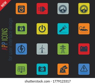 Electricity vector color web icons on dark background for user interface design
